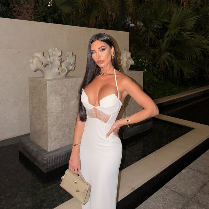 Damen elegantes Cut-Out Maxikleid mit tiefem V-Ausschnitt und transparenten Akzenten Drune