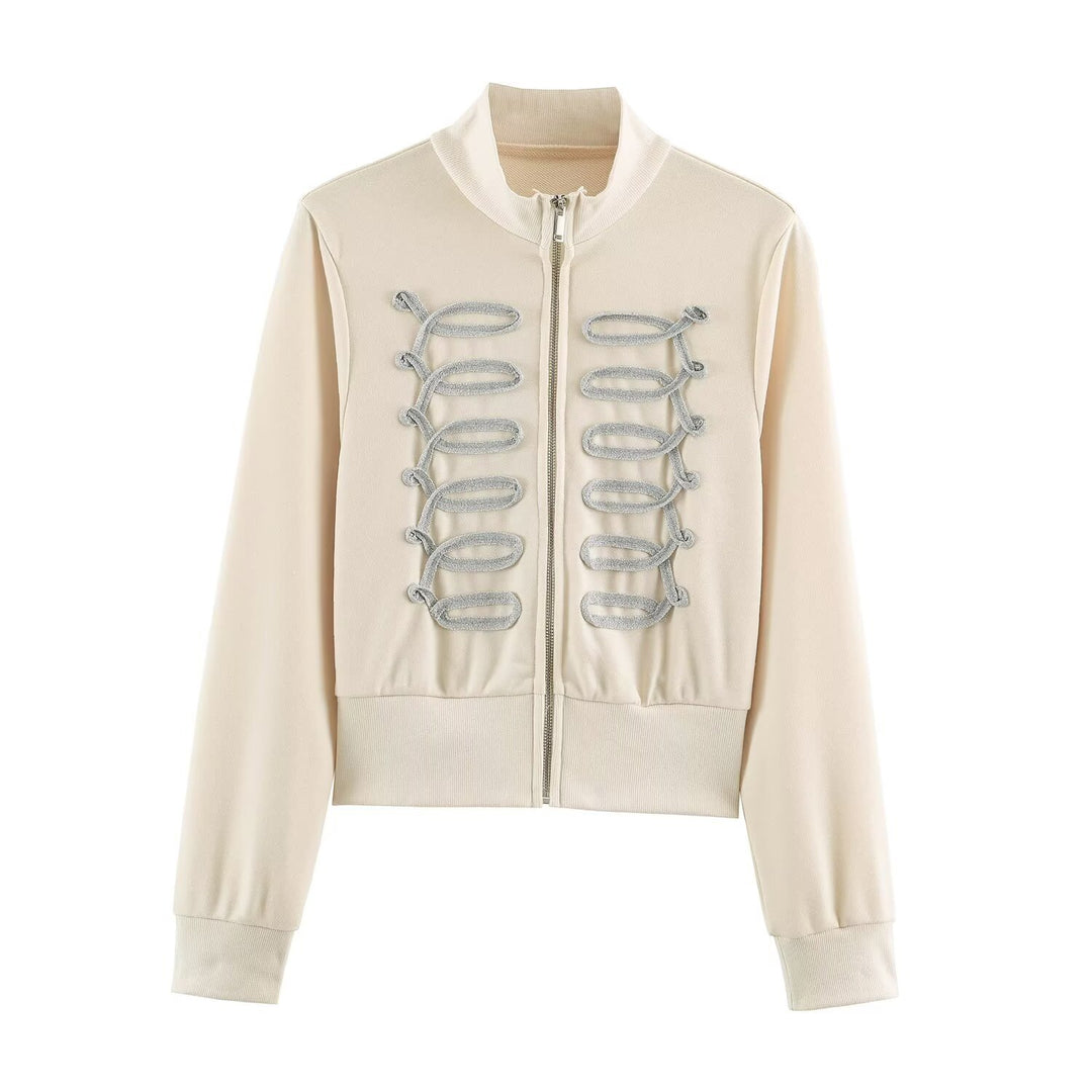 Damen Kurz geschnittene Sweatjacke mit ornamentalem Zierkordel‑Besatz und Stehkragen Drune