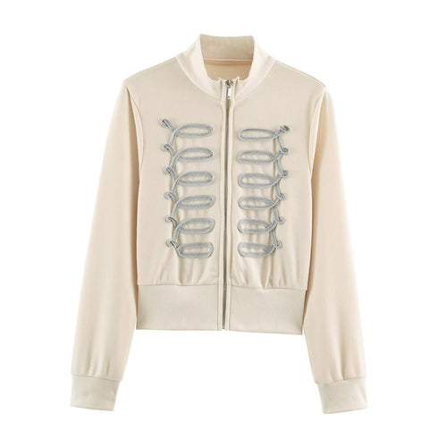 Damen Kurz geschnittene Sweatjacke mit ornamentalem Zierkordel‑Besatz und Stehkragen Drune