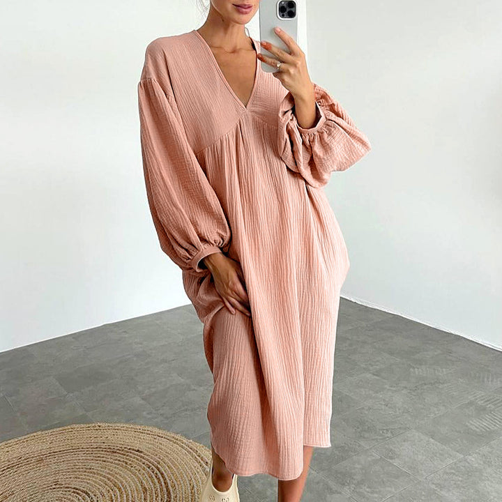 Damen lässiges Oversized-Kleid mit voluminösen Ärmeln und V-Ausschnitt Drune