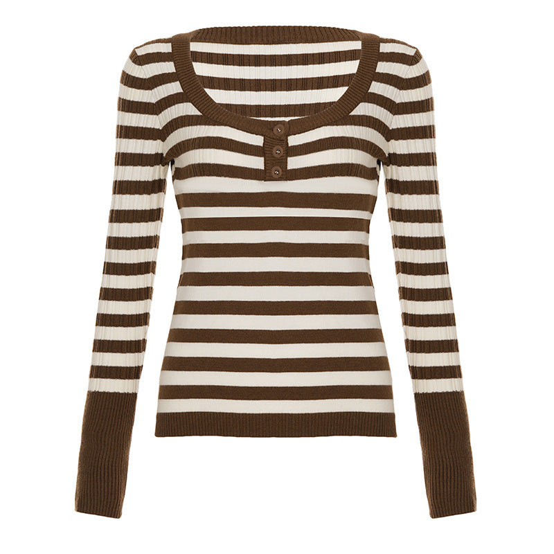 Damen Gestreiftes Ripp-Strickshirt mit U-Boot-Ausschnitt und Zierknopfleiste Drune