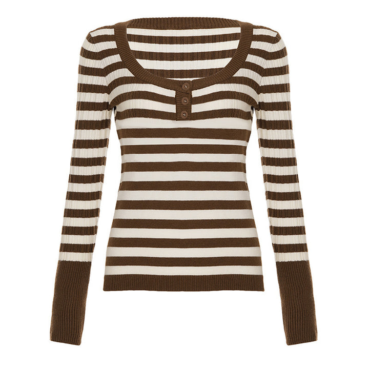 Damen Gestreiftes Ripp-Strickshirt mit U-Boot-Ausschnitt und Zierknopfleiste Drune