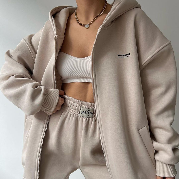 Damen lässiger und bequemer Kapuzenpullover mit Reißverschluss und Jogginghose-Set Drune