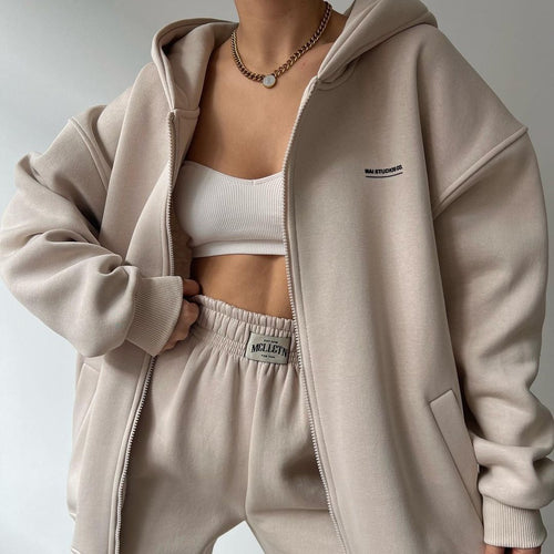 Damen lässiger und bequemer Kapuzenpullover mit Reißverschluss und Jogginghose-Set Drune