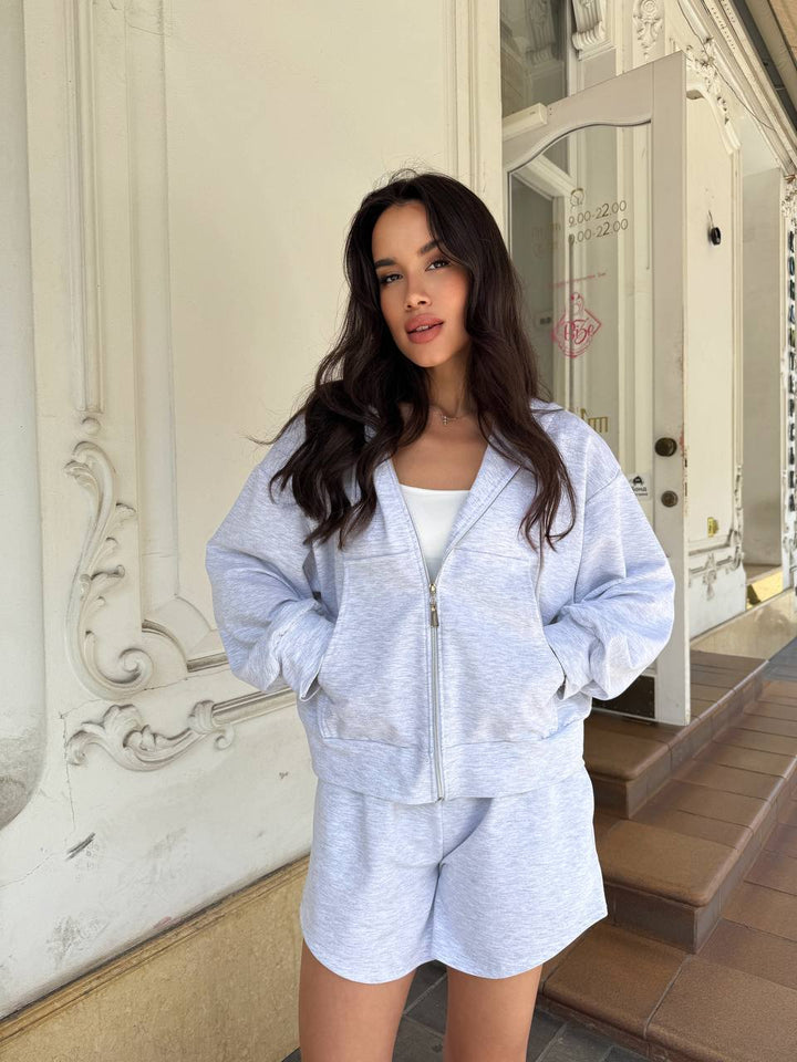 Damen lässiger Zip-Hoodie und Shorts-Set Drune