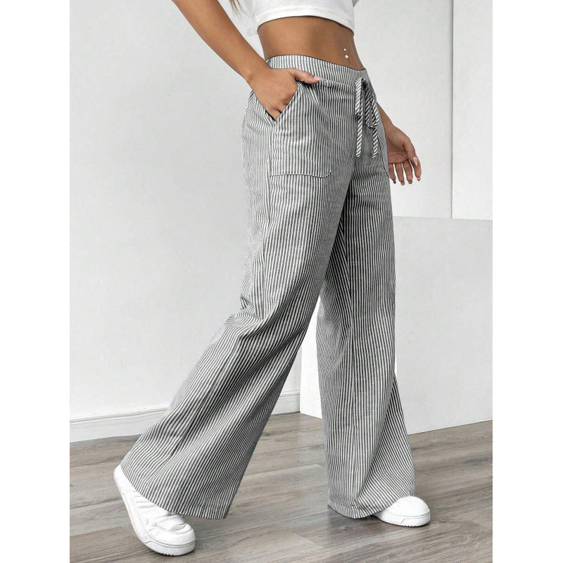 Damen breite Streifenhose mit hohem Taillenbund und praktischen Taschen Drune