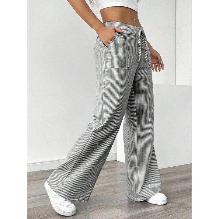 Damen breite Streifenhose mit hohem Taillenbund und praktischen Taschen Drune