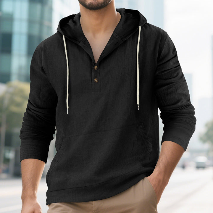 Herren nan Leinenoptik Henley-Kapuzenpullover mit Knopfleiste und Kängurutasche Drune