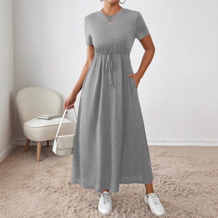 Damen lässiges Maxikleid mit elastischem Taillenbund und Rundhalsausschnitt Drune