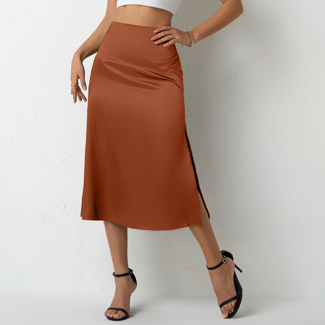 Damen eleganter Satin-Midirock mit fließendem Schnitt und hohem Bund Drune