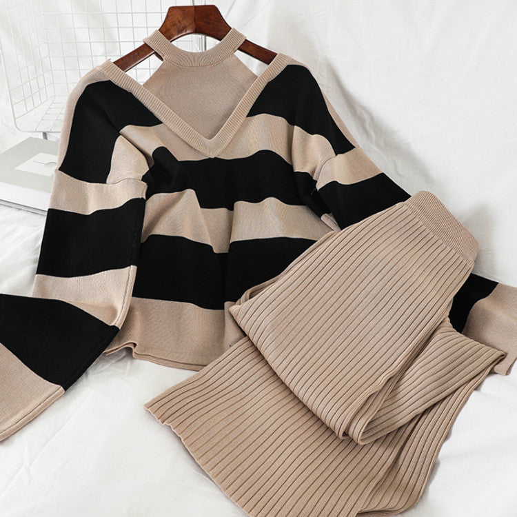 Damen modisches Strick-Loungewear-Set mit Streifenmuster und hohem Kragen Drune