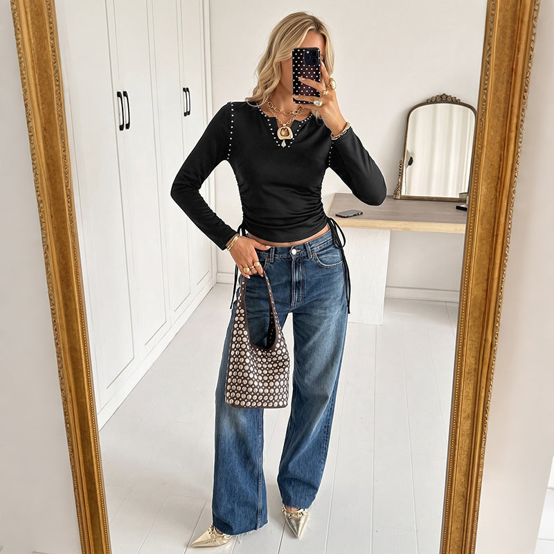 Damen Langarmshirt mit Rüschendetails und Schmuckknöpfen Drune