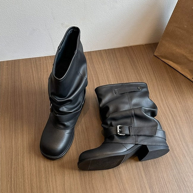 Damen Modische Stiefeletten mit lässigem Falten-Design und eleganter Schnallenverzierung Drune