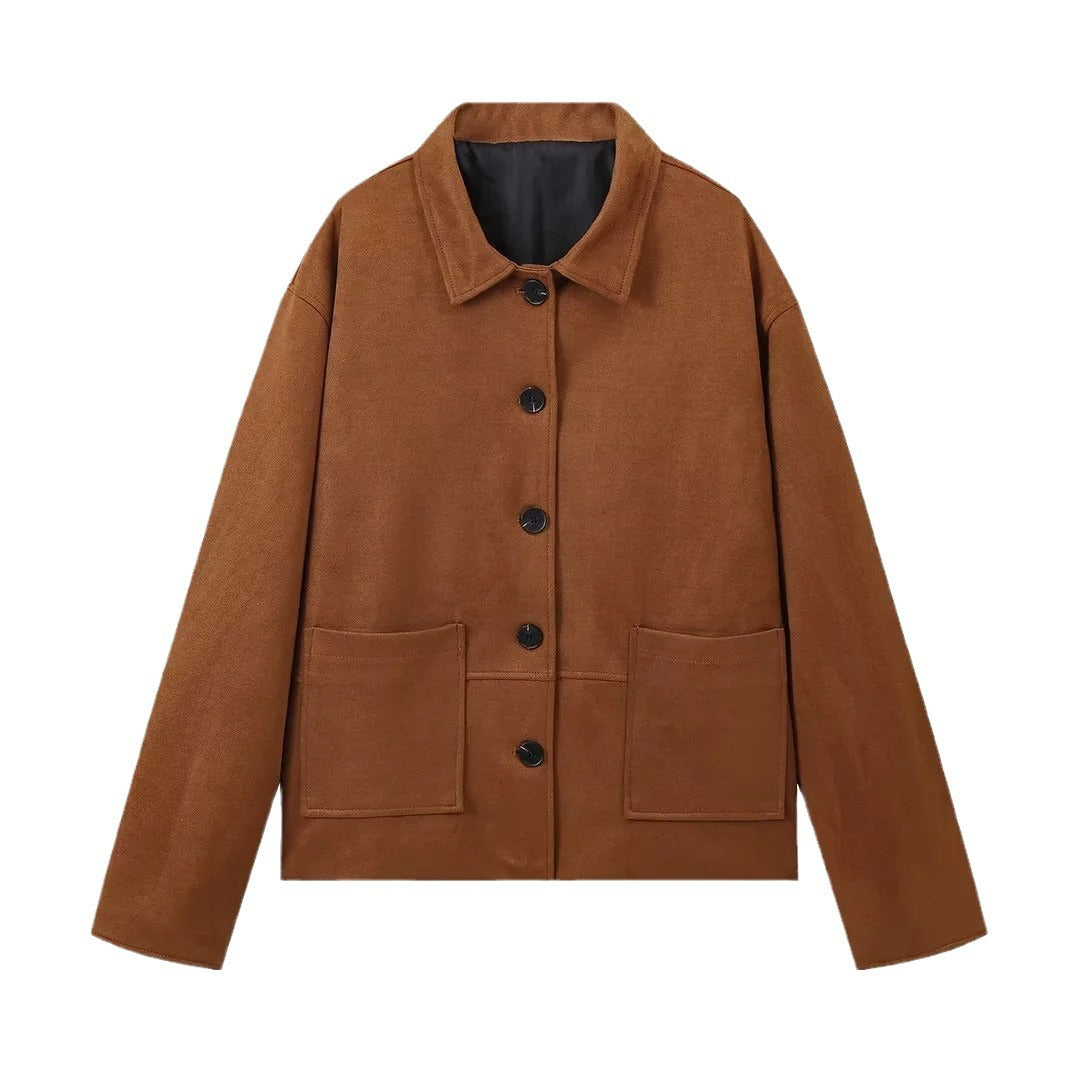 Damen 100+ oversized Wildlederoptik-Blousonjacke mit Pattentaschen und Knopfleiste Drune