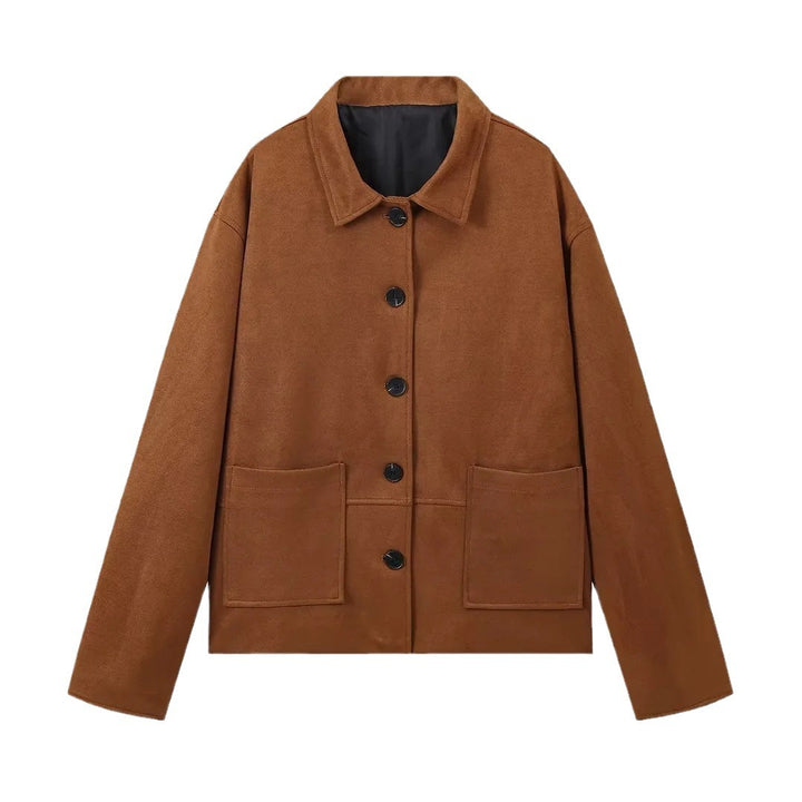 Damen 100+ oversized Wildlederoptik-Blousonjacke mit Pattentaschen und Knopfleiste Drune
