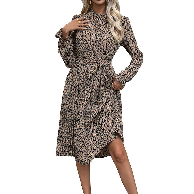 Damen Midikleid mit Stehkragen, taillierter Schärpe & asymmetrischem Saum Drune
