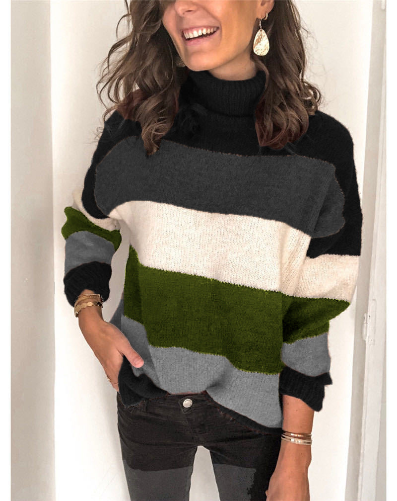 Damen Oversize Rollkragenpullover mit breiten Blockstreifen und weichem Strick Drune