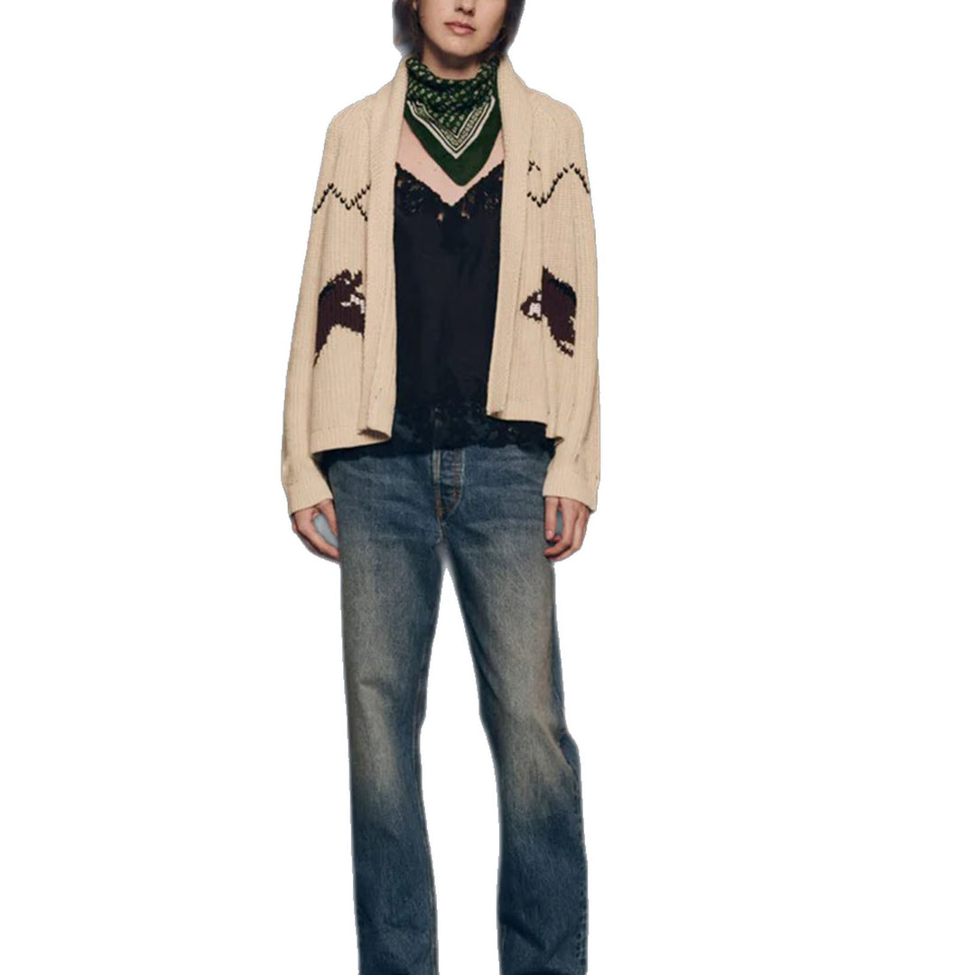 Damen Grobstrick-Cardigan mit Reverskragen und Pferde‑Intarsie Drune