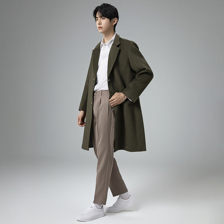 Herren Eleganter Longline-Wollmantel mit minimalistischem Revers und taillierter Silhouette Drune