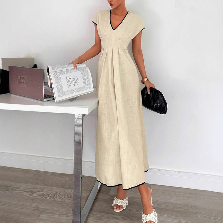 Damen Fließendes Maxikleid mit V-Ausschnitt und schwingendem Rock Drune