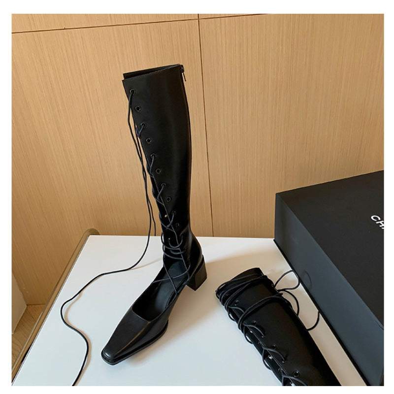 Damen kniehohe Schnürstiefel mit minimalistischer Silhouette, verdecktem Reißverschluss und ergonomischem Blockabsatz Drune