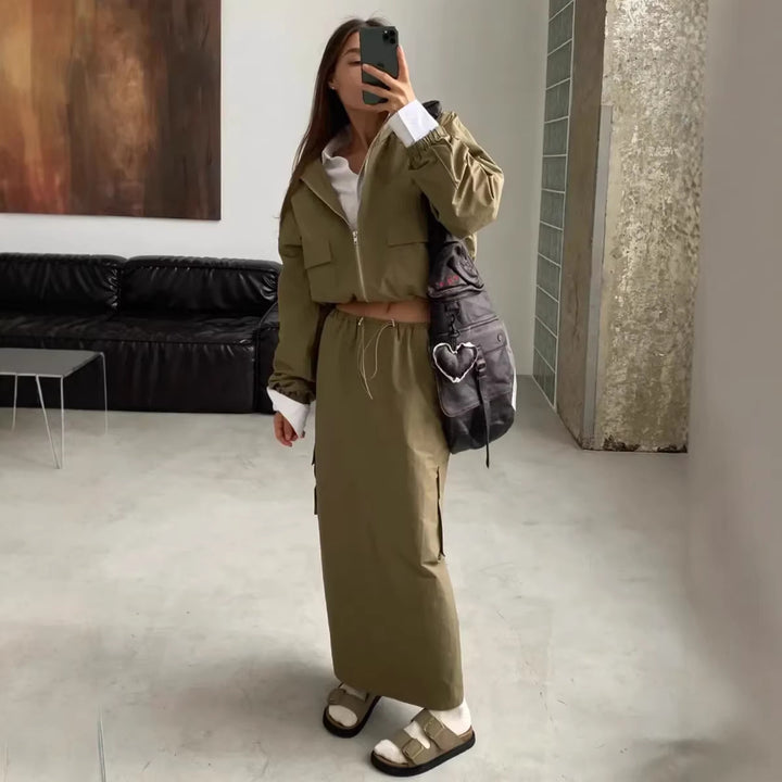 Damen praktische Utility-Jacke mit hohem Kragen und Taillenregulierung