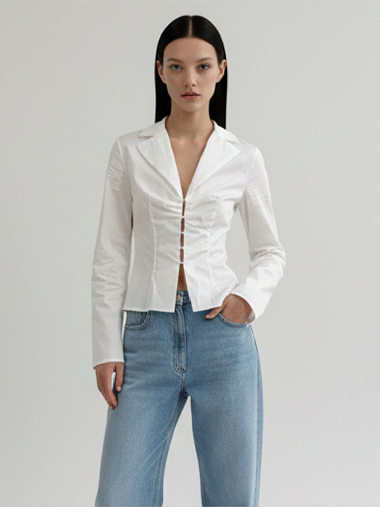 Damen Taillierte Popeline-Hemdbluse mit Korsettnähten & Häkchenfront Drune