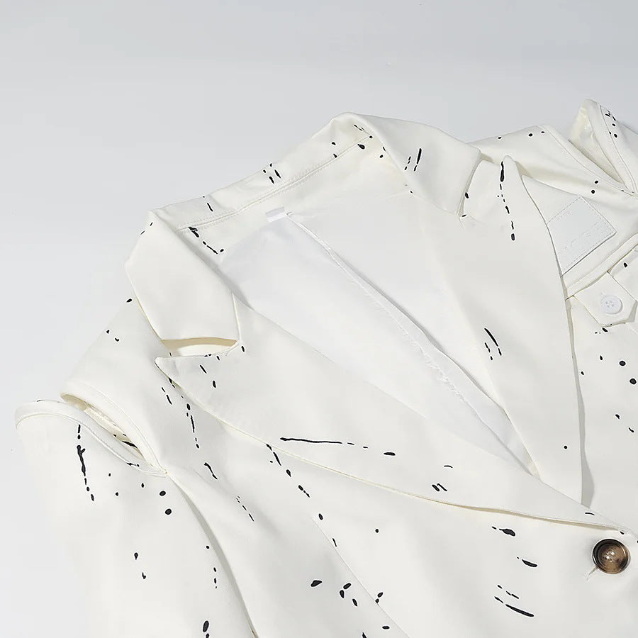 Damen nan kastiger Kunstseiden-Blazer mit abstraktem Splash-Print, Reverskragen und Pattentaschen Drune