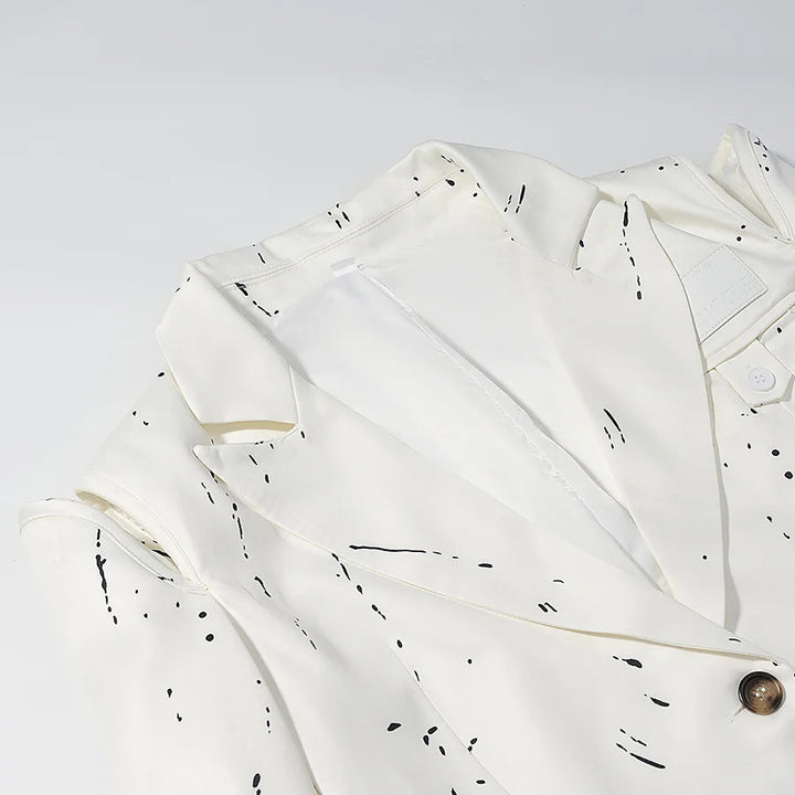 Damen nan kastiger Kunstseiden-Blazer mit abstraktem Splash-Print, Reverskragen und Pattentaschen Drune
