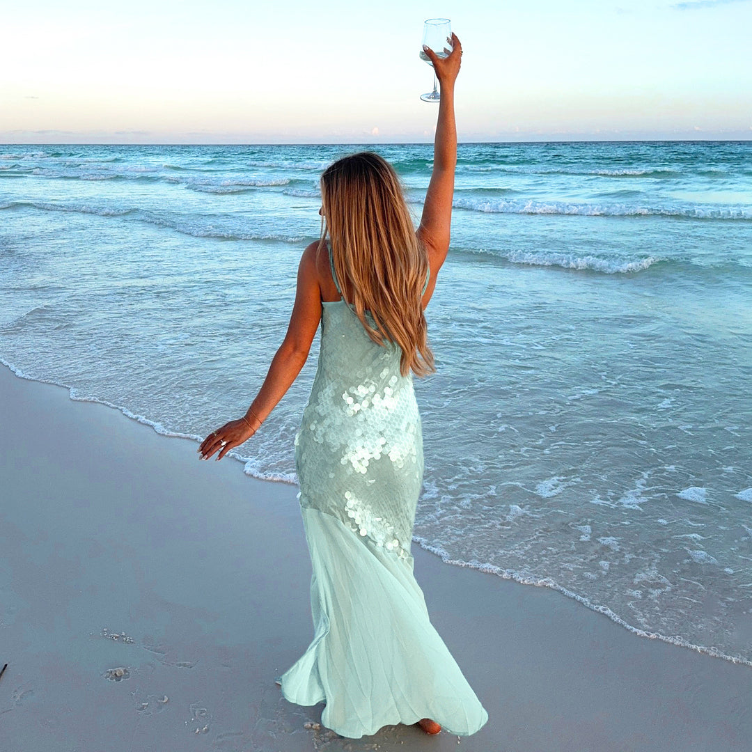 Damen Maxikleid mit glitzernden Pailletten und fließendem Rock Drune