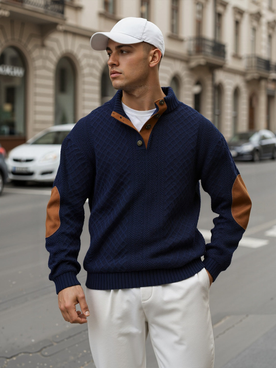 Herren Troyer-Pullover mit Stehkragen, strukturierter Strickoptik und Kontrast-Ellbogenpatches Drune
