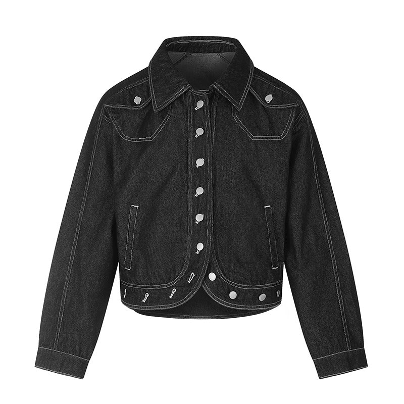 Damen Cropped Denim-Jacke im Western‑Look mit Kontrastnähten und Metall-Druckknöpfen Drune