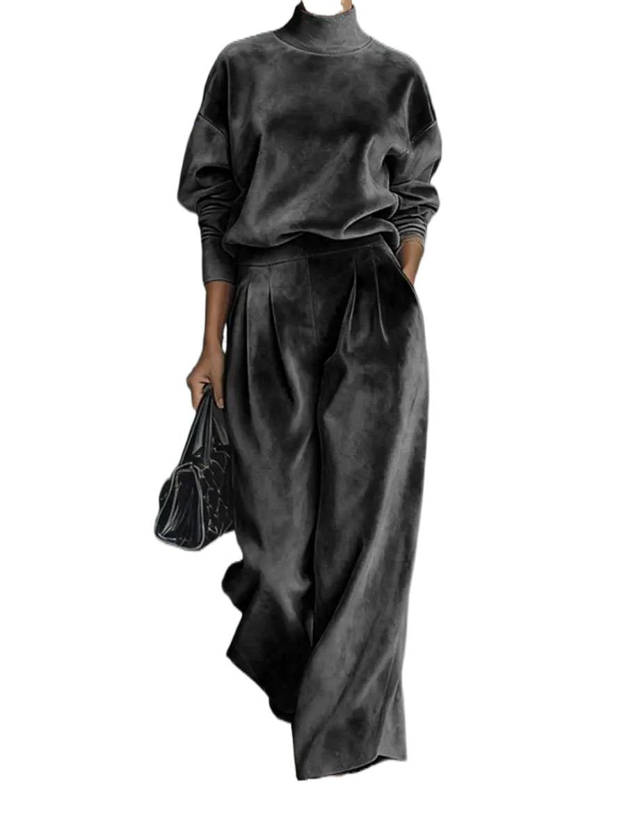 Damen Samt-Lounge-Set mit Rollkragenpullover und weiter Plissee-Hose Drune