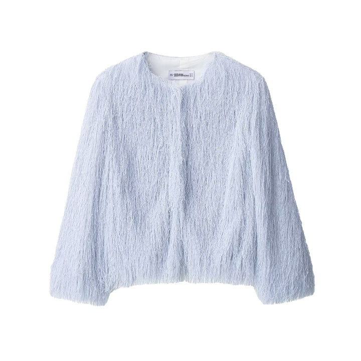 Damen Flauschige Fransenjacke mit Rundhalsausschnitt und Boxy-Schnitt Drune