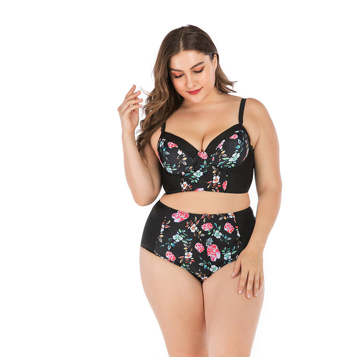 Damen Hochtailliertes Bikini-Set mit floralem Oberteil und unterstützendem Schnitt Drune
