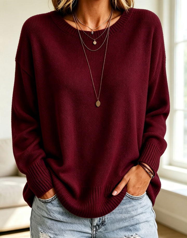 Damen Leichter Cashmere‑Touch Pullover mit Rundhalsausschnitt, überschnittener Schulter und gerippten Bündchen Drune
