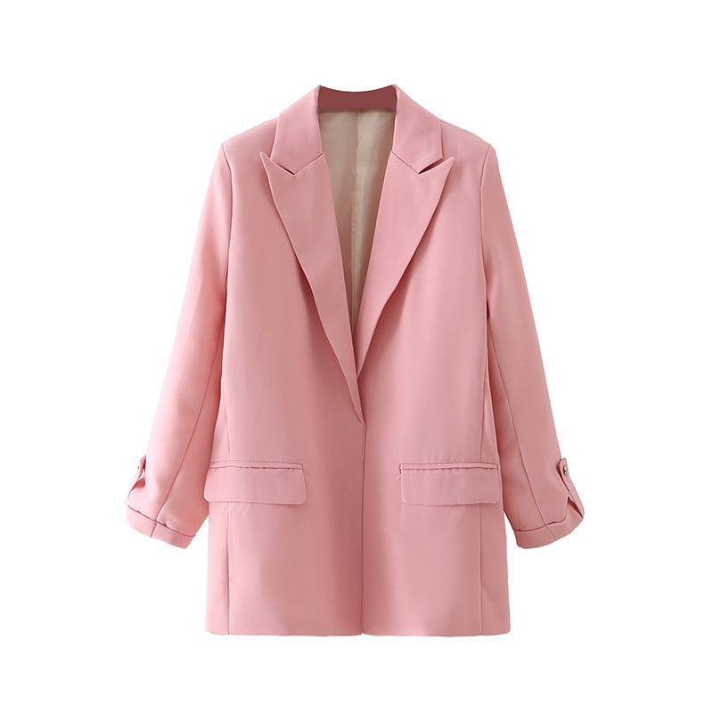 Damen nan lang geschnittener Oversize-Blazer mit weitem Revers aufgesetzten Pattentaschen und krempelbaren Ärmeln Drune