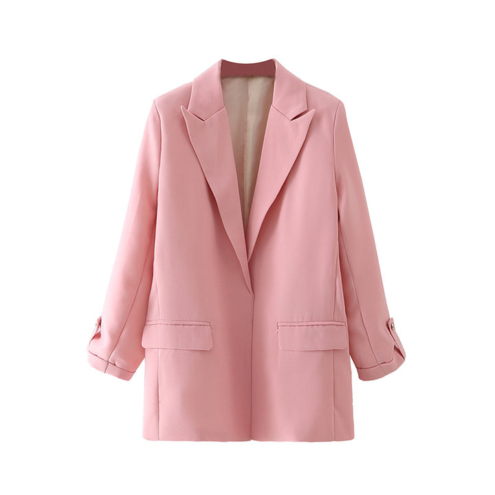 Damen nan lang geschnittener Oversize-Blazer mit weitem Revers aufgesetzten Pattentaschen und krempelbaren Ärmeln Drune