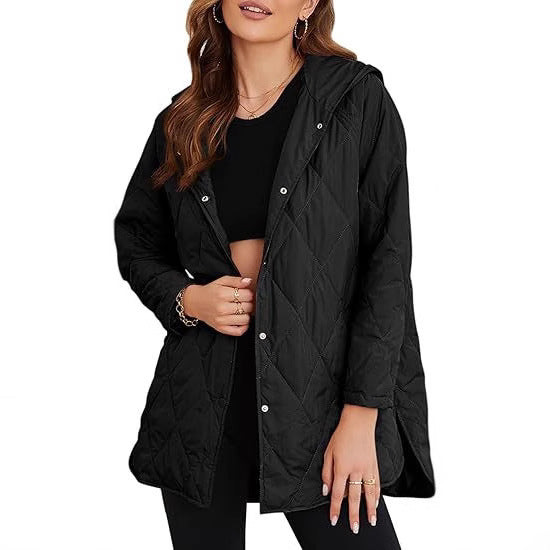 Damen gesteppte Kapuzenjacke mit Druckknopfleiste, seitlichen Schlitzen und mittlerer Länge Drune