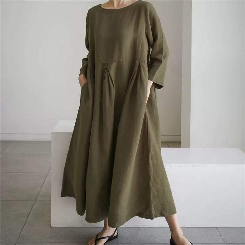 Damen Maxikleid aus Leinenmix mit geraffter Hüftpasse, seitlichen Eingrifftaschen und weitem Tellerrock Drune