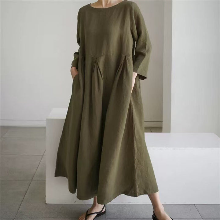Damen Maxikleid aus Leinenmix mit geraffter Hüftpasse, seitlichen Eingrifftaschen und weitem Tellerrock Drune