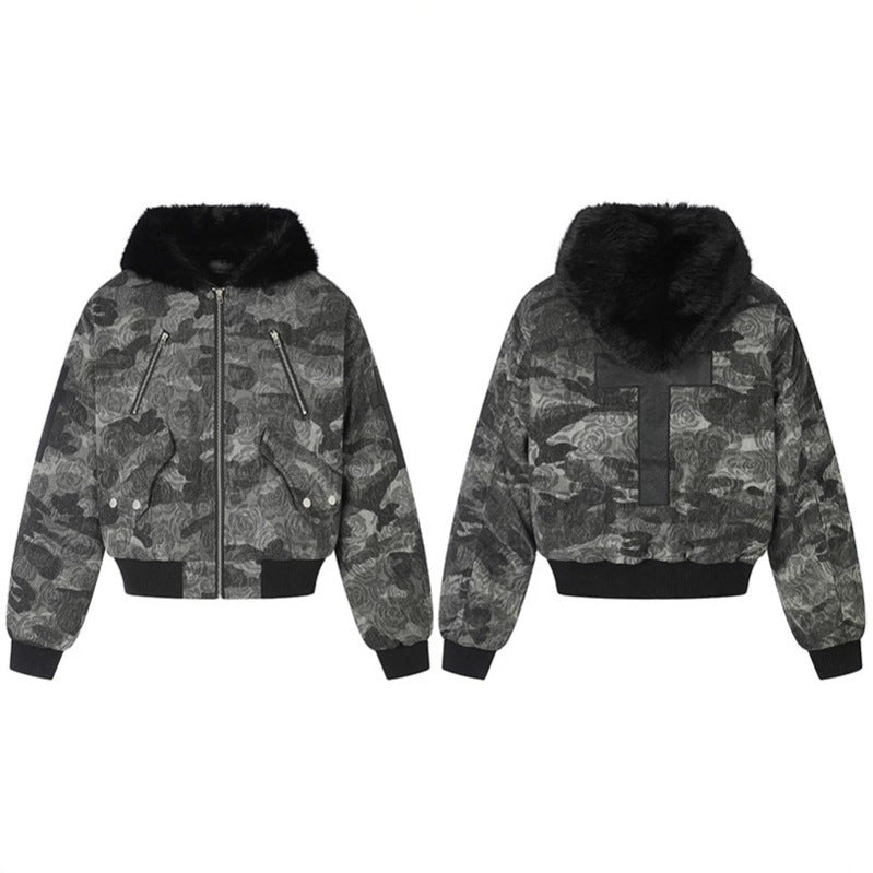 Damen wattierte Bomberjacke mit Kunstfellkapuze, Rosen‑Jacquard und Zipper‑Details Drune