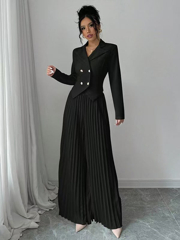 Damen Taillierter Doppelreihiger Blazer und plissierte Palazzo-Hose Drune