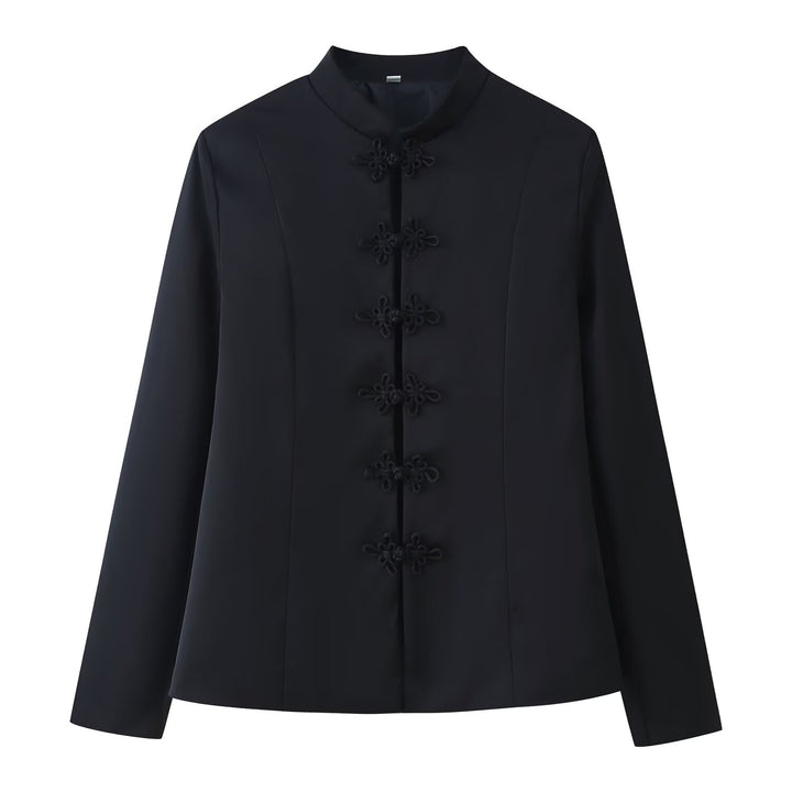 Damen 100+ elegante taillierte Blusenjacke mit Mandarinkragen und dekorativen Knotenverschlüssen Drune