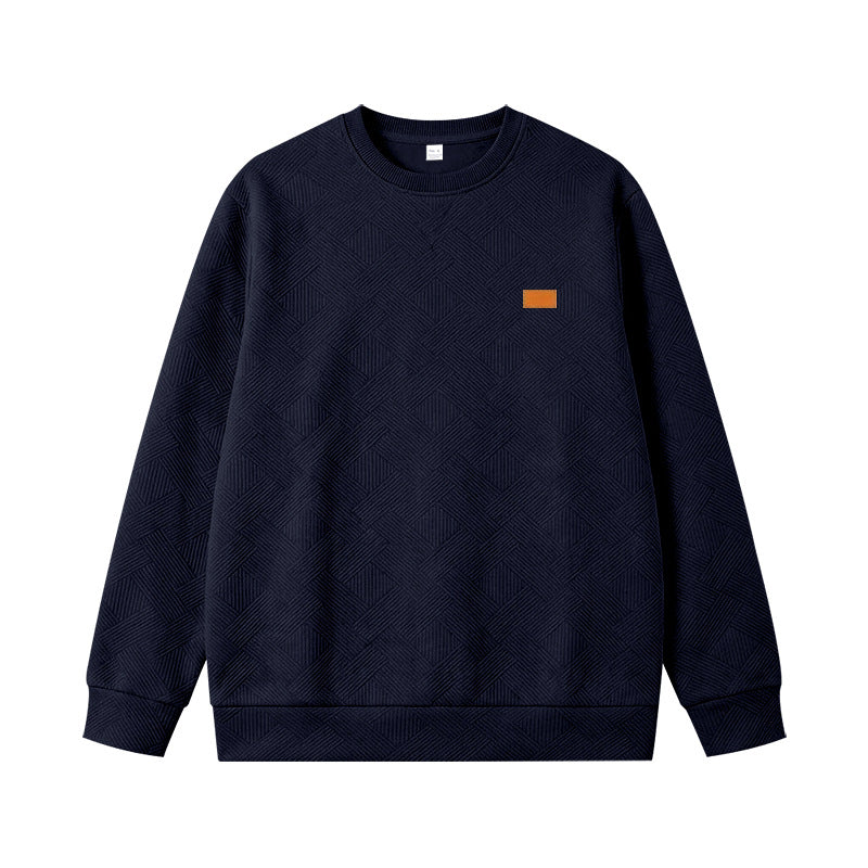 Unisex Texturierter Baumwoll-Crewneck-Sweatshirt mit Rautenstruktur und Lederpatch Drune