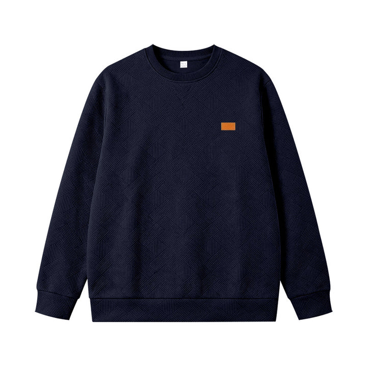 Unisex Texturierter Baumwoll-Crewneck-Sweatshirt mit Rautenstruktur und Lederpatch Drune