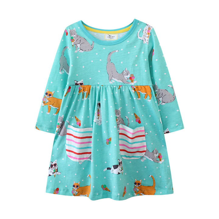 Mädchen Freizeitkleid mit verspieltem Katzenmotiv und praktischen Taschen Drune