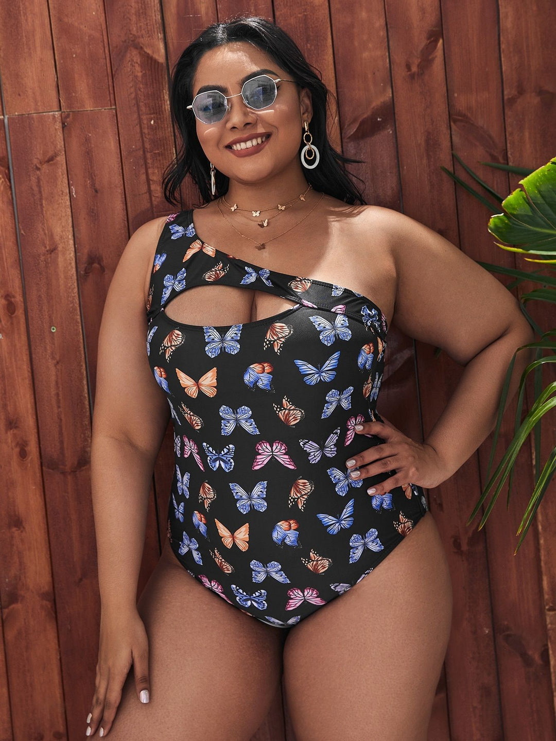 Damen Einseitiger Cut-Out Badeanzug mit floralen Schmetterlingsmotiven Drune