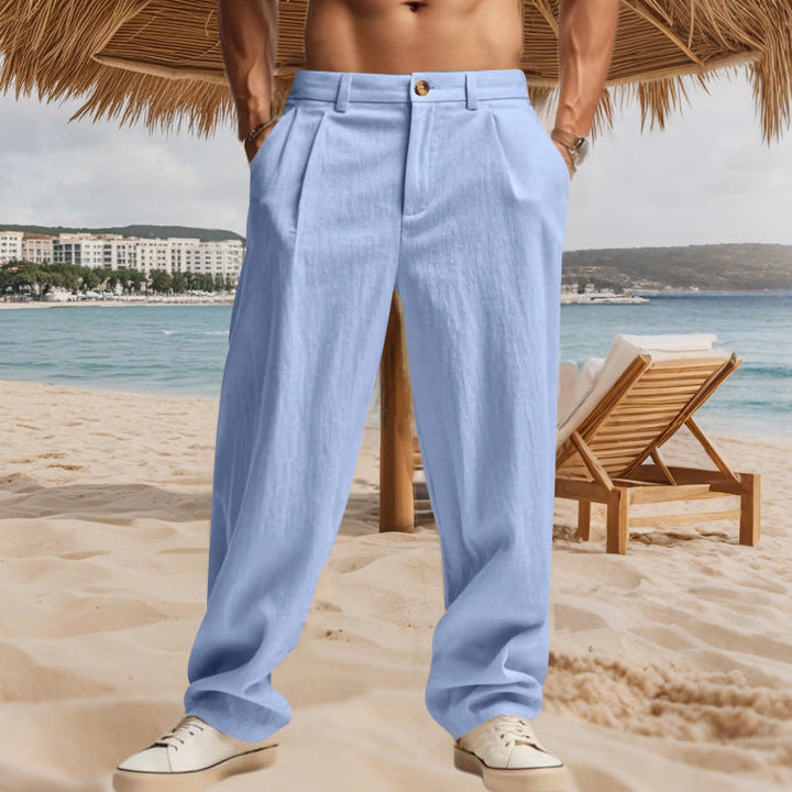 Herren nan elegante Bundfaltenhose aus leichtem Baumwollmix mit geradem Schnitt und Gürtelschlaufen Drune