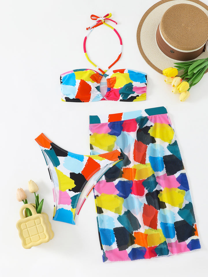 Damen Bunt bedrucktes Bikini-Set mit luftigem Überrock Drune